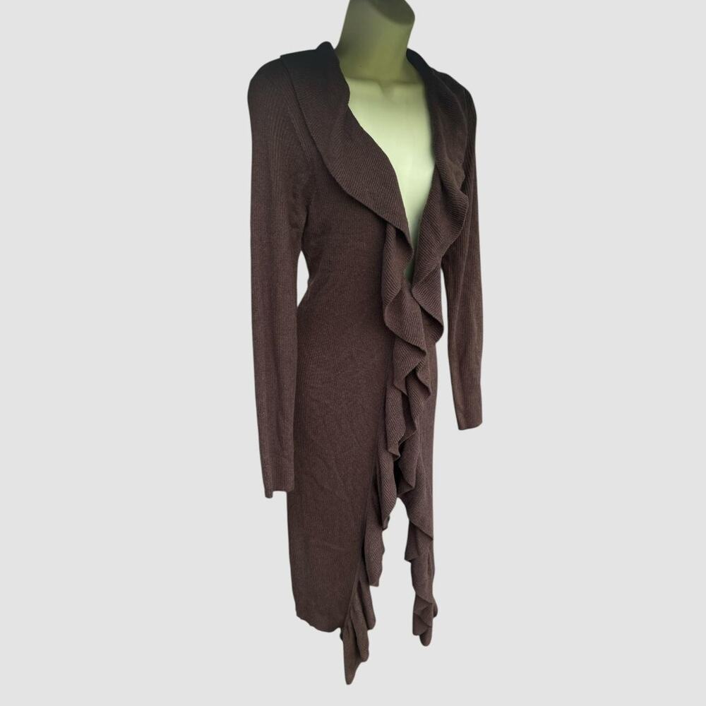 Y2K Whimsygoth Style Brown wool blend long sleeve ruffle cardigan duster medium
